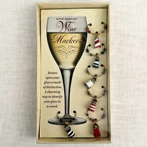 Vintage Boston Warehouse Lighthouse Wine Markers Set Of 6 Glass Charms Coastal - Picture 1 of 8