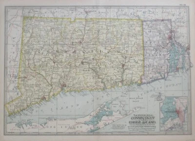 Original 1897 Map CONNECTICUT RHODE ISLAND Newport New Haven Hartford Providence - Image 1 of 4