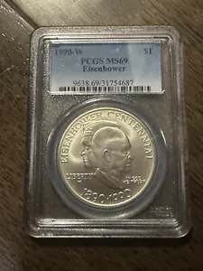 1990-W EISENHOWER COMMEMORATIVE DOLLAR COIN GRADED BY PCGS AS MS69 - Picture 1 of 4
