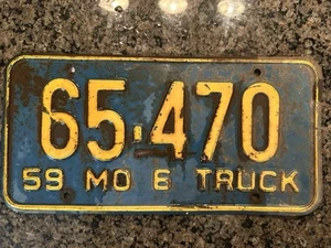Oldtimer Nummernschild Missouri 1959 LKW 65 470 blau gelb RAR - Bild 1 von 2