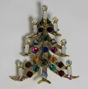 Weiss Christmas Tree Brooch 7 candle multicolor rhinestone vintage signed - Picture 1 of 5