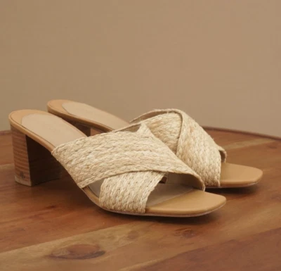 Sandalias Lauren Ralph Lauren Freddi Slide para mujer tacón ancho mimbre beige talla 10B Foto 1 de 4