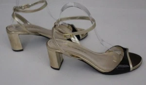Capraros 8 B Black Patent & Gold Ankle Strap Sandals 2.5"  Block Heels - Picture 1 of 10