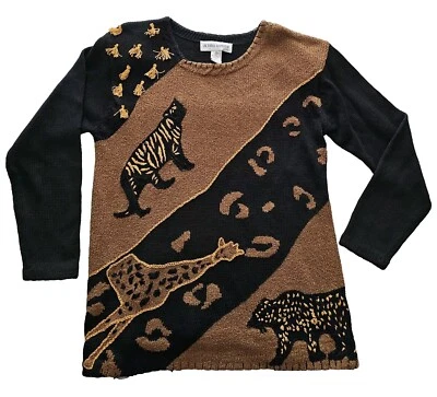 复古 VICTORIA HARBOUR 毛衣 S 黑色刺绣野生动物园豹长颈鹿  — 第 1/4 张图片