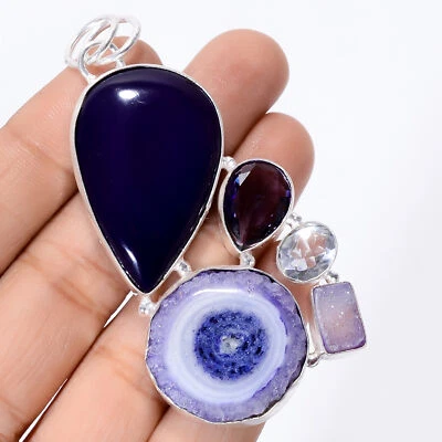 Colgante hecho a mano de plata 925 con piedras preciosas de cuarzo solar de ónix azul 2,8" ARP-3842 Foto 1 de 3