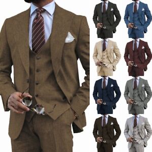 Men's 3 Pieces Mens Suit Tweed Herringbone Vintage Groomsmen Blazer+vest+Pants