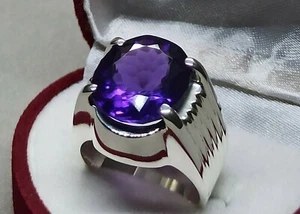 12 Carat Oval Cut Dark Purple Amethyst Sterling Silver 925 Handmade Mens Ring - Picture 1 of 12