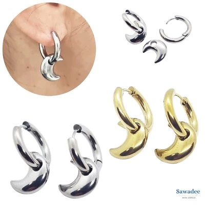 Orecchini a cerchio da donna mezza luna pendente in acciaio inox argento e oro - Immagine 1 di 4