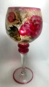 Hand Painted Red Flower Green Leaves With Vines Stem Wine Glass / Goblet - Picture 1 of 22