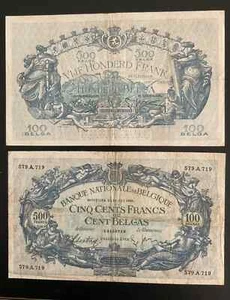 Set of 2  Banknotes Currency  Belgium 500 Francs-100 Belgas 1938 & 1939 - Picture 1 of 2