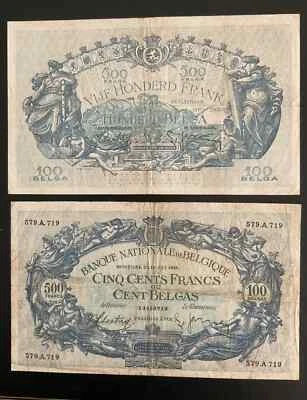 Set of 2  Banknotes Currency  Belgium 500 Francs-100 Belgas 1938 & 1939 - Image 1 of 2