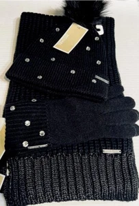 242 $ Michael Kors 3-teiliges Set Schal, Mütze & Handschuhe schwarz mit Kristallen flauschiger Bommel - Bild 1 von 5