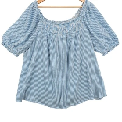 Torrid Womens Plus Size 2X Washable Gauze Smocked Yoke Top in Blue White Stripe - Image 1 of 4