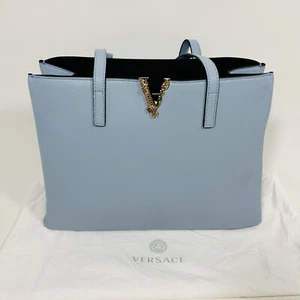 Versace Virtus V Tote Shoulder Bag Grained Calfskin Leather Light Blue NWT $2200 - Picture 1 of 15
