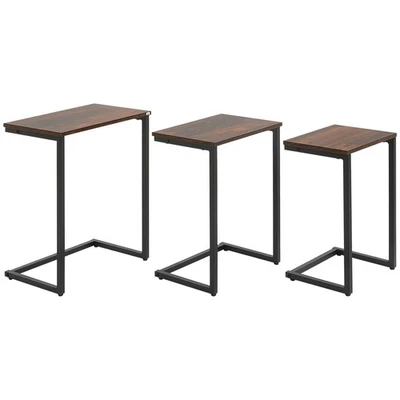 HOMCOM C-Shaped Nesting Tables Set of 3 with Steel Frame, Rustic Brown - Image 1 of 4