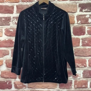 Quacker Factory Jacket Womens 1X Black Velvet Velour Sequin Casual Zip Up - Picture 1 of 8