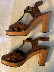 Vintage bare traps Brown Leather Wood Platform Strappy 4 inch Heels Size 9 1970s - Picture 1 of 6