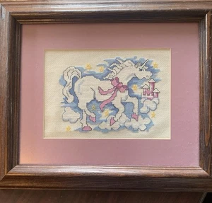 Framed Cross Stitch Unicorn Picture Matted 5x7 - Picture 1 of 2