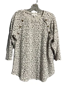 ANNELIEGE Women Sz L Animal Print Top Decorative Shoulder Buttons 3/4 Sleeve - Picture 1 of 7