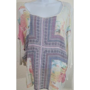 Top Bobeau Crema Rosa Púrpura Floral Tejido Slub M Mangas Caídas 3/4 Ligero - Imagen 1 de 5