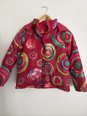 Desigual Girls Colorful Pink Swirl Hooded Jacket 7 8 Ski Outdoors Sled Snowboard - Image 1 of 4
