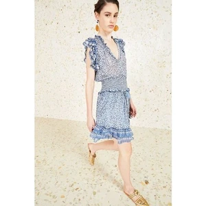 Ulla Johnson Nyssa Dress Sky Blue Silk Size 2 Ruffles Metallic Smocked Chic Boho - Picture 1 of 18
