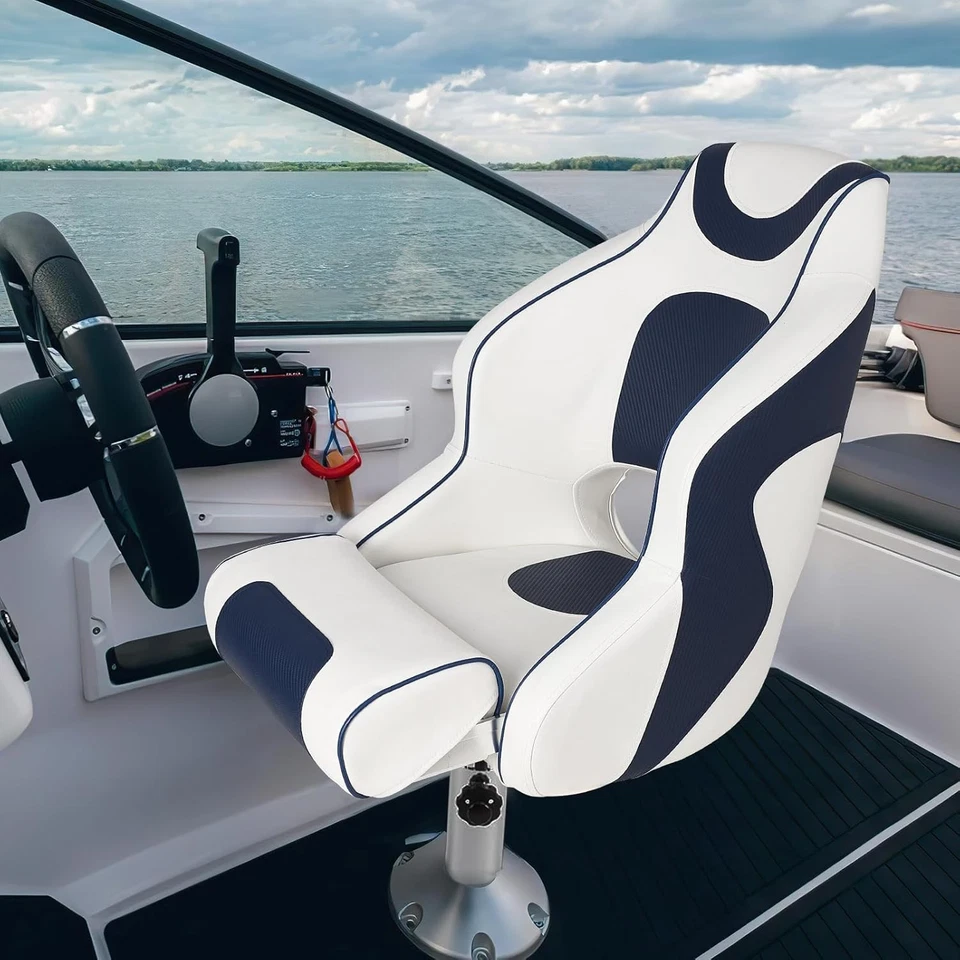 Captains Bucket Seat Boat Seat Flip Up Boat Seat White/Blue for Fishing Foto 1 de 4