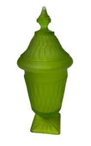Indiana Glass Lidded Lime Green Frosted Compote Apothecary Jar Satin 10” Chipped - Picture 1 of 8