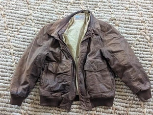 vintage AEROPOSTALE leather jacket BOMBER flight M brown KIDS boys 1980s - Picture 1 of 7