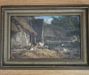 Antikes Ölgemälde auf Holz von E. Lemmens 9" x 14" Barnyard mit Hühnern - signiert - Bild 1 von 5