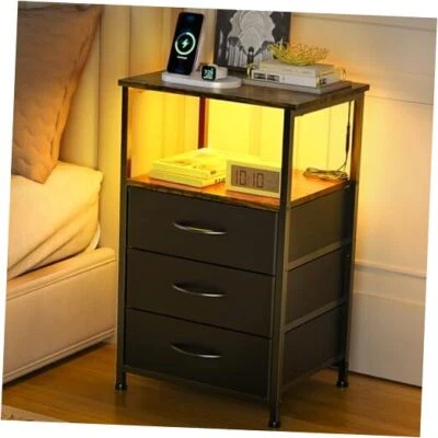  Mesita de Noche con Cajones, Mesita de Noche con Estante Abierto, Marrón y Negro Foto 1 de 4