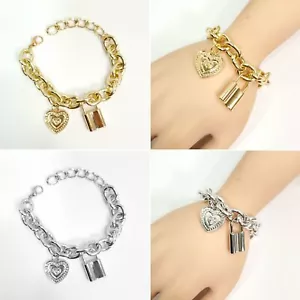B0002 Simple Thick Chain Love Heart Lock Shape Charms Women Bracelet - Picture 1 of 9
