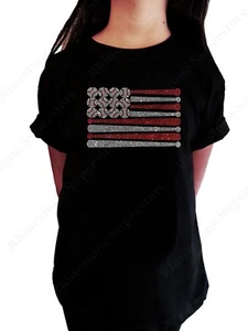 Girls Rhinestone T-Shirt " Baseball Bats & Balls Flag " in Size 3 to 14 - Picture 1 of 2