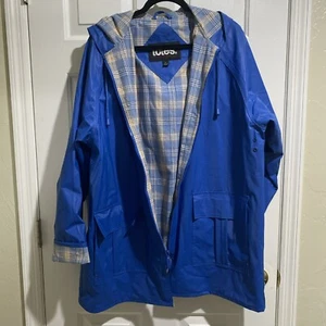Vtg Totes Raincoat Navy Blue Plaid Lined Waterproof Hooded Coat Size Large - Picture 1 of 12