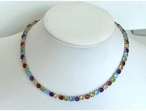 Multi Gemstone Round Tennis Necklace Platinum Over 925 Sterling Silver 16 inch - Picture 1 of 6