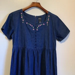 Erika & Co Denim Dress Maxi Womens Pet. Med. PM Embroidered Peasant Cottagecore - Picture 1 of 10