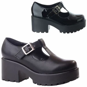 New Ladies Womens Chunky Mid High Block Heel T-Bar Platform Mary Jane Shoes Size - Picture 1 of 7