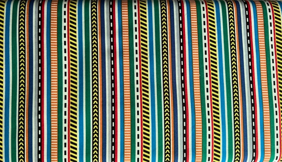 Nutex Heavy Machines Striped Patchwork fabric Col 106.  100% cotton. 1 metre - Image 1 of 1