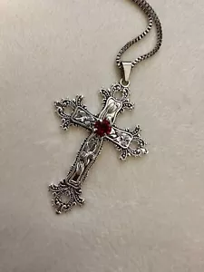 Large Victorian Cross Necklace Floral Design Religious Gothic Grunch Silver New - Picture 1 of 9