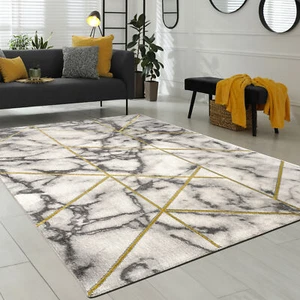 Wohnzimmer Teppich Grau Gold Marmor Design 3-D Muster Kurzflor Robust Weich - Bild 1 von 7