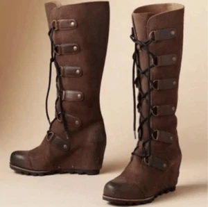 Sorel Cate the Great tall wedge lace up suede boot hawk brown size 7.5 - Picture 1 of 10
