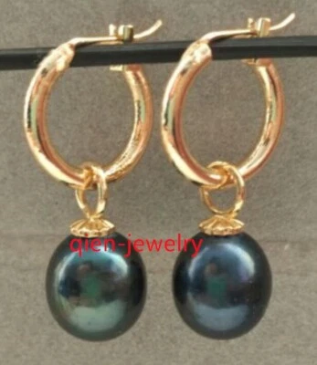 PERFECTOS AAA+ 9-10mm Tahití Perla Negra Pendientes 14K P ORO GANCHO Pendiente Foto 1 de 2