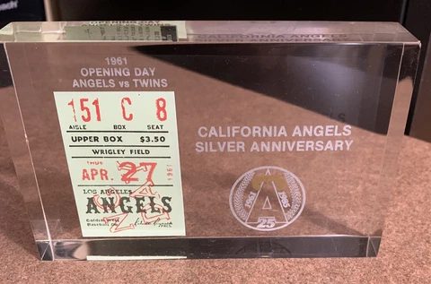 VINTAGE CALIFORNIA ANGELS SILVER 25th ANNIVERSARY LUCITE OPENING DAY TICKET Cover
