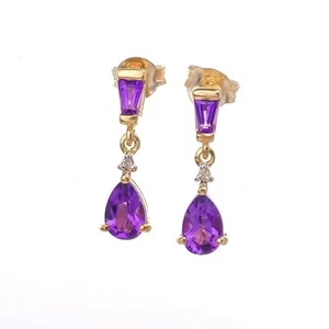 9ct Amethyst Dangle Earrings Diamond Gold Natural Gemstones 0.92ct Boxed Gift - Picture 1 of 11