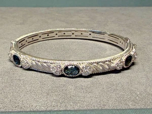Judith Ripka 925 Sterling Silver Blue Topaz & CZ Hinged Bangle Bracelet 7 Inches - Picture 1 of 22
