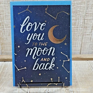 Hallmark Grußkarte mehrere Anlässe 5x7 Liebe dich Mond Sterne blau gold blanko - Bild 1 von 8