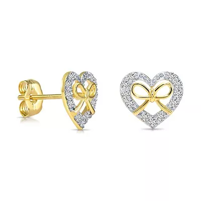 14K Real Solid Gold .20Ct Diamond Heart Ribbon Stud Earrings Push-back Lab Grown - Image 1 of 4