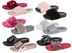 Womens Diamante Fur Sliders Fluffy Mules Slippers Flip Flops Sandals Girls Shoes - Picture 1 of 69