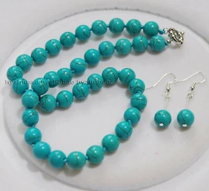 10mm Round Blue Turquoise Gemstones Beads Necklace + Earrings Jewelry Set AAA - Picture 1 of 6