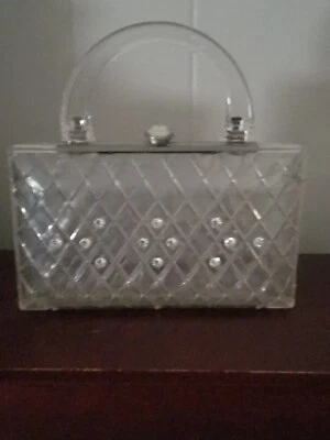 Bolso sin asas Lucite transparente de los años 40 con mango de pedrería 8 X 5 X 2  Foto 1 de 4